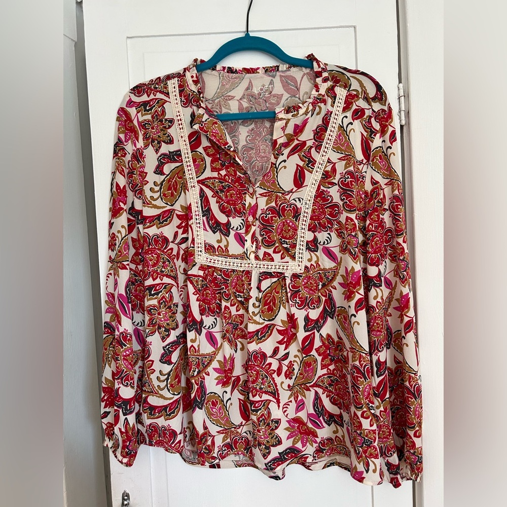 LOFT Floral Blouse with Lace Trim. Size large